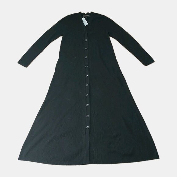 Loft Versa Sweater Maxi Dress PXL Petite Black Rib Knit V Neck A Line Button New - Picture 2 of 11